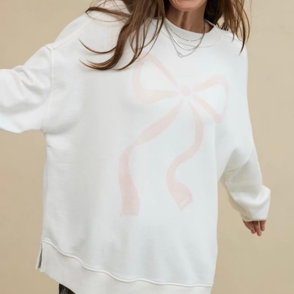 Aerie White Sweatshirt with Pink Bow Design